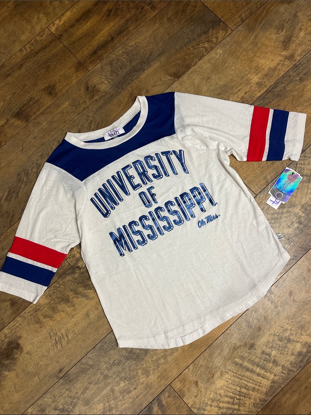 TOUCH University of Mississippi Ole Miss Red White & Blue Raglan Tee, Size M NWT